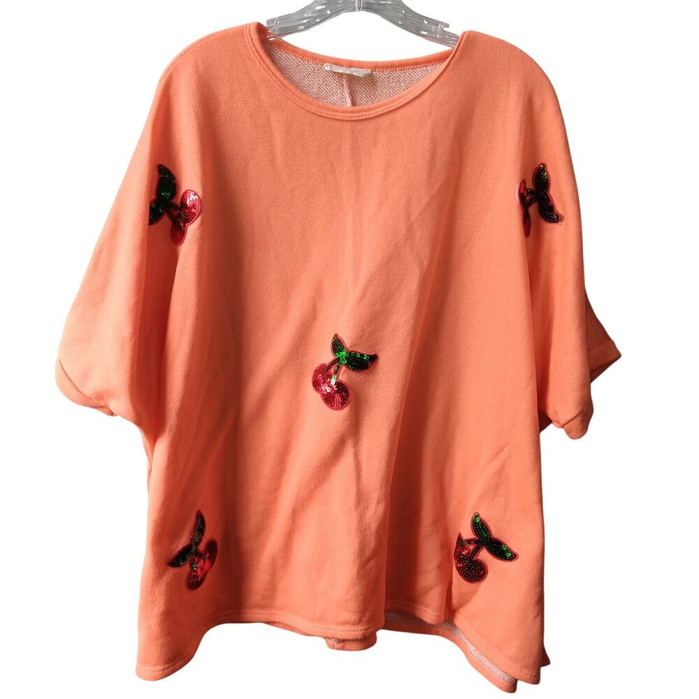 Hopely Sweatshirt Women's XXL Short Batwing Sleeves Oversized Orange Cherries